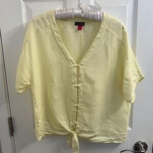 Women's VINCE CAMUTO Pale Yellow Tie-Front V-Neck Linen Blouse - Sassy - Size S